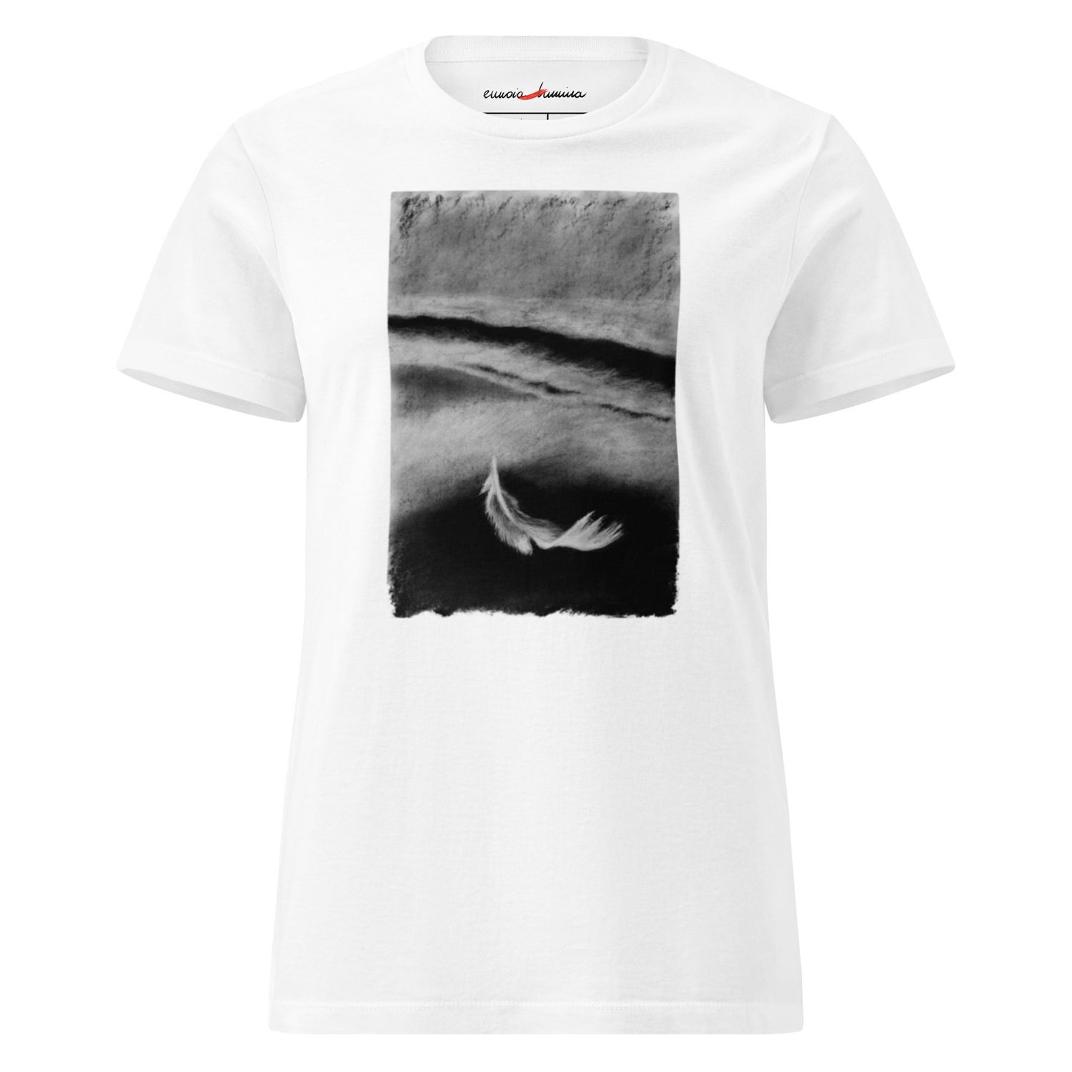From the tide -women’s artist t-shirt by Eunoia Lumina. White t-shirt with charcoal drawing print. Front view.