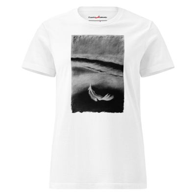 From the Tide – Women’s Artist-Designed Softstyle T-Shirt From the tide -women’s artist t-shirt by Eunoia Lumina. White t-shirt with charcoal drawing print. Front view.