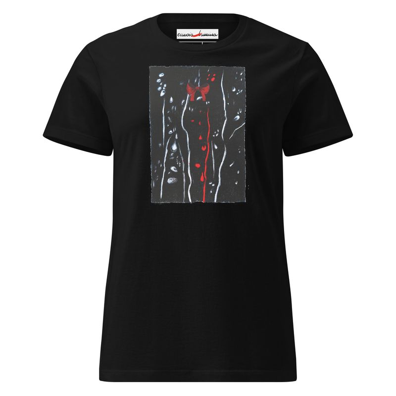 Drops -women’s artist t-shirt by Eunoia Lumina. Black t-shirt with mixed media drawing print. Front view.