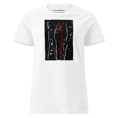 Drops — Women’s Artist-Designed Softstyle T-Shirt Drops -women’s artist t-shirt by Eunoia Lumina. White t-shirt with mixed media drawing print. Front view.