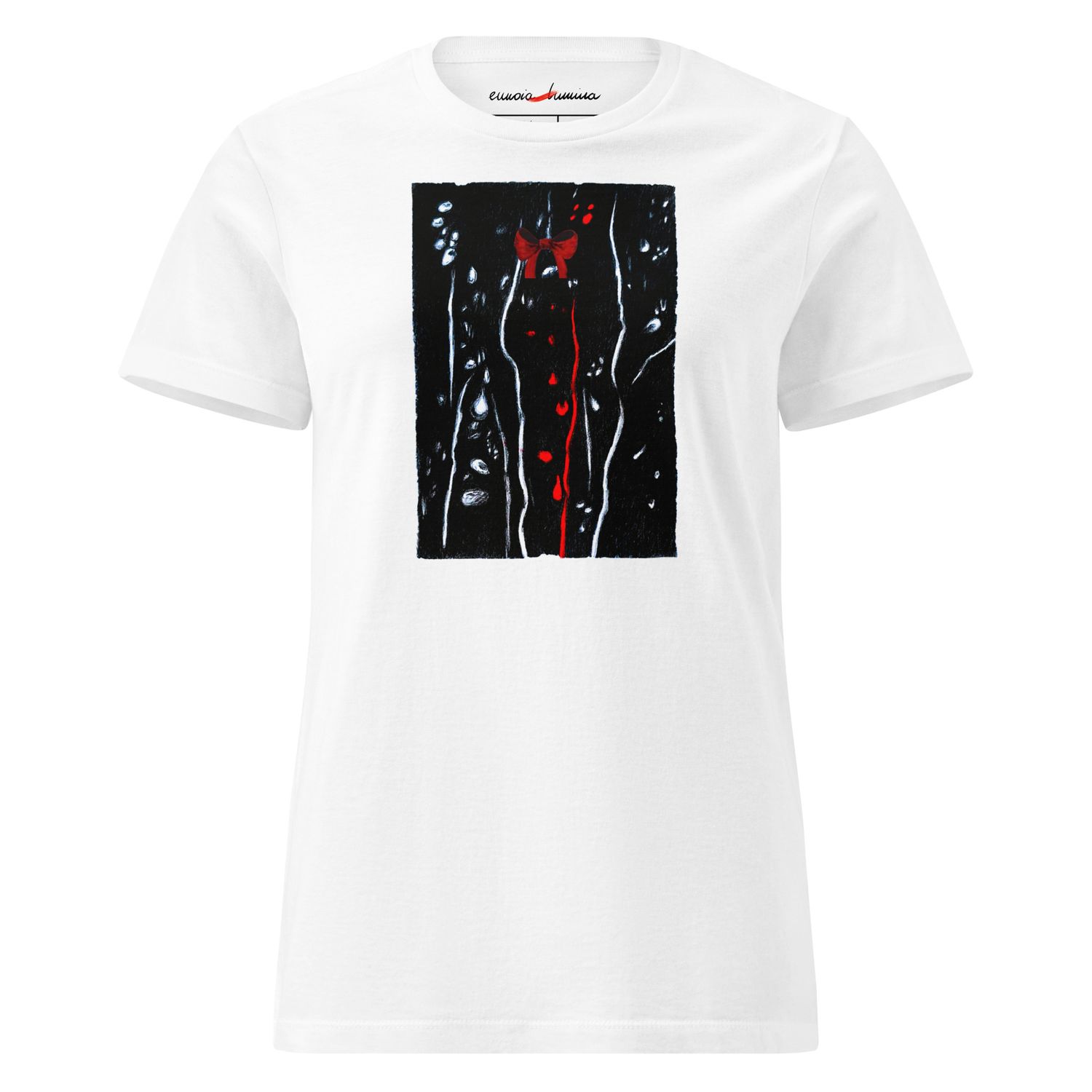 Drops -women’s artist t-shirt by Eunoia Lumina. White t-shirt with mixed media drawing print. Front view.