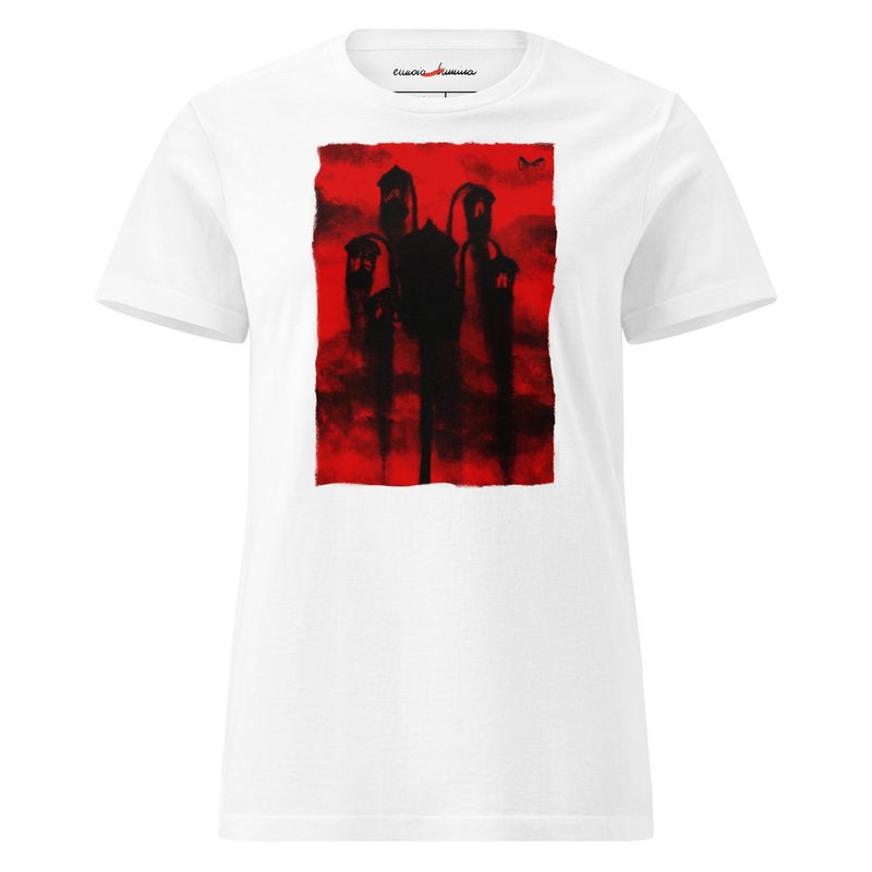 Lantern of Milan — The Light of Eternal Grace I Women’s Artist-Designed Softstyle T-Shirt Lantern of Milan -women’s artist t-shirt by Eunoia Lumina. White t-shirt with acrylic painting print. Front view.