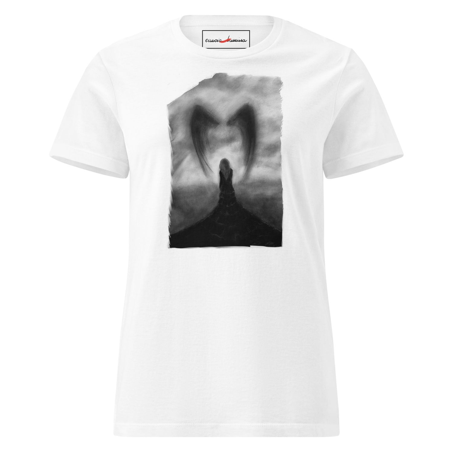 Auroras -women’s artist t-shirt by Eunoia Lumina. White t-shirt with charcoal drawing print. Front view.