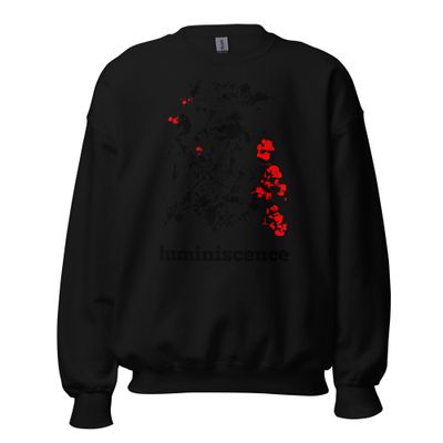 Luminescence – Unisex Artist-Designed Sweatshirt Front view of Luminescence design – flower impression artwork. Color - black, with black and red design print.