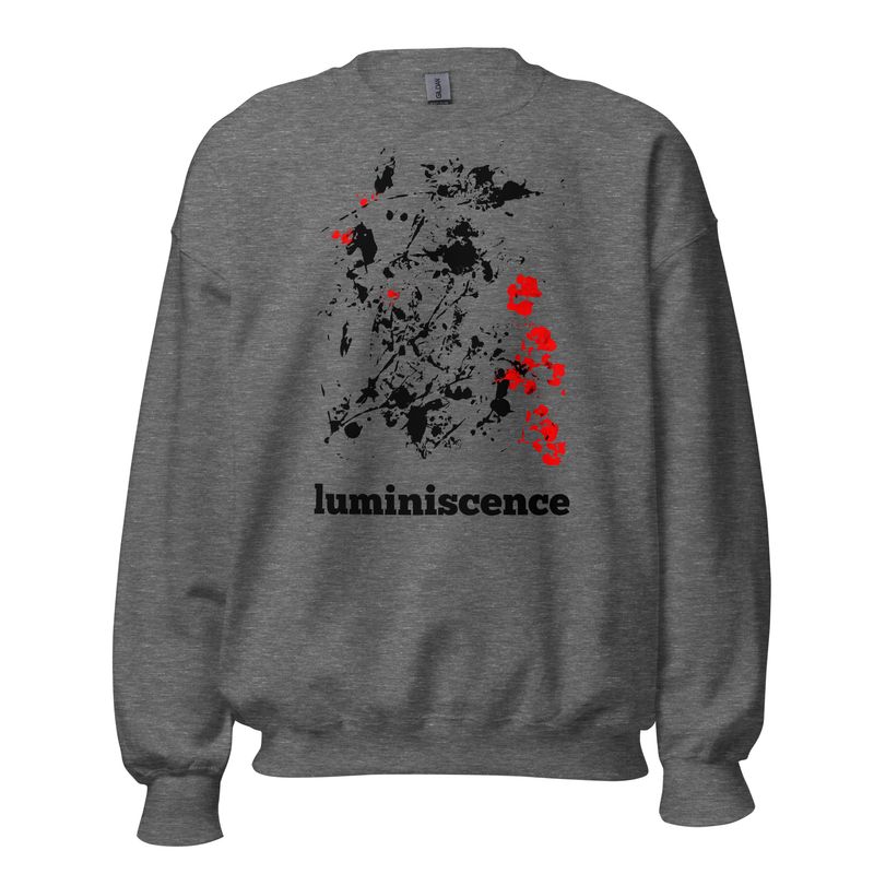 Front view of Luminescence design – flower impression artwork. Color - grey, with black and red design print.