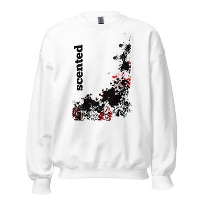 Scented – Unisex Artist-Designed Sweatshirt Front view of flower-inspired Scented sweatshirt artwork. Color- white, with black and red design print.