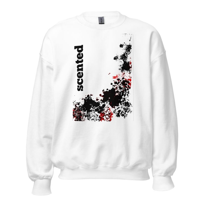 Front view of flower-inspired Scented sweatshirt artwork. Color- white, with black and red design print.