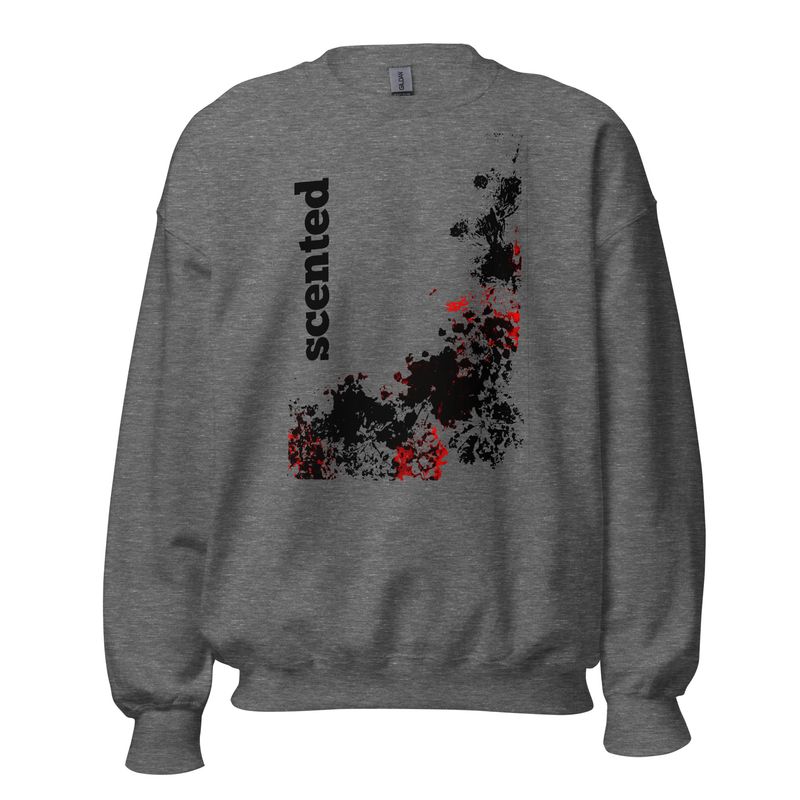 Front view of flower-inspired Scented sweatshirt artwork. Color- grey, with black and red design print.
