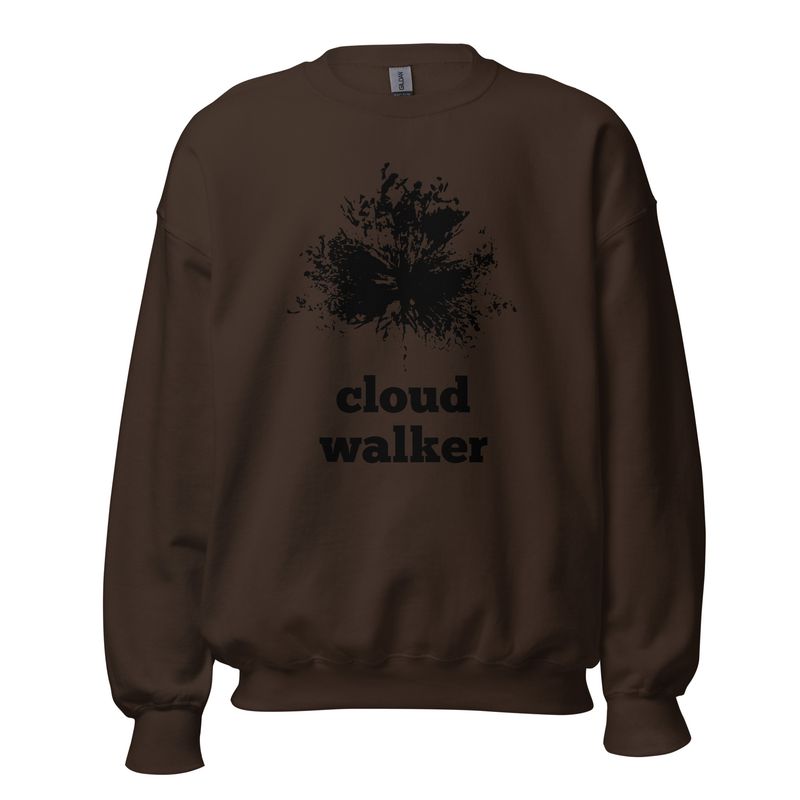 Nature-inspired Eunoia Lumina sweatshirt Cloud Walker front view | Chocolate brown color sweatshirt with black design print.