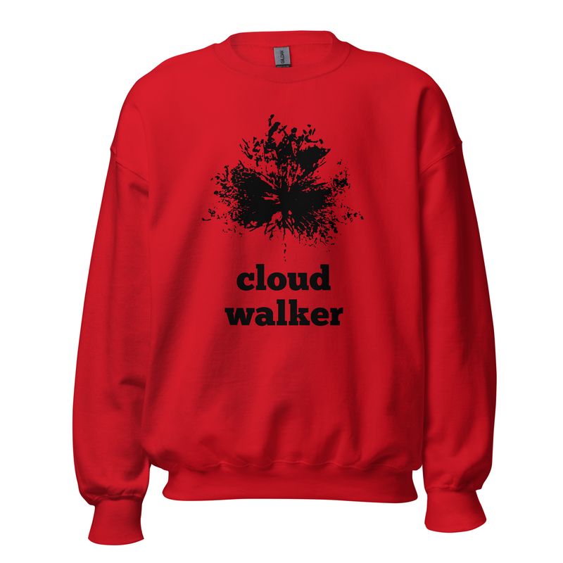 Nature-inspired Eunoia Lumina sweatshirt Cloud Walker front view | Red color sweatshirt with black design print.