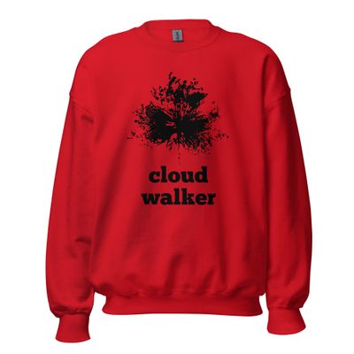 Cloud Walker – Unisex Artist-Designed Sweatshirt Nature-inspired Eunoia Lumina sweatshirt Cloud Walker front view | Red color sweatshirt with black design print.