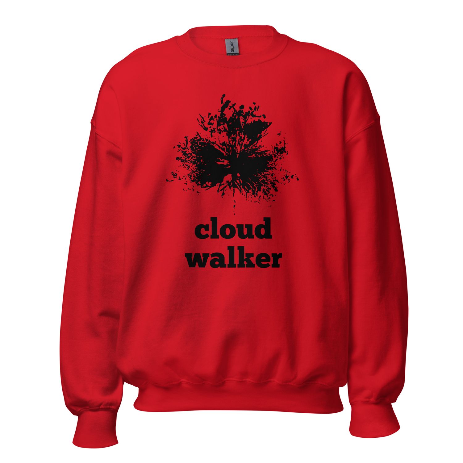 Nature-inspired Eunoia Lumina sweatshirt Cloud Walker front view | Red color sweatshirt with black design print.