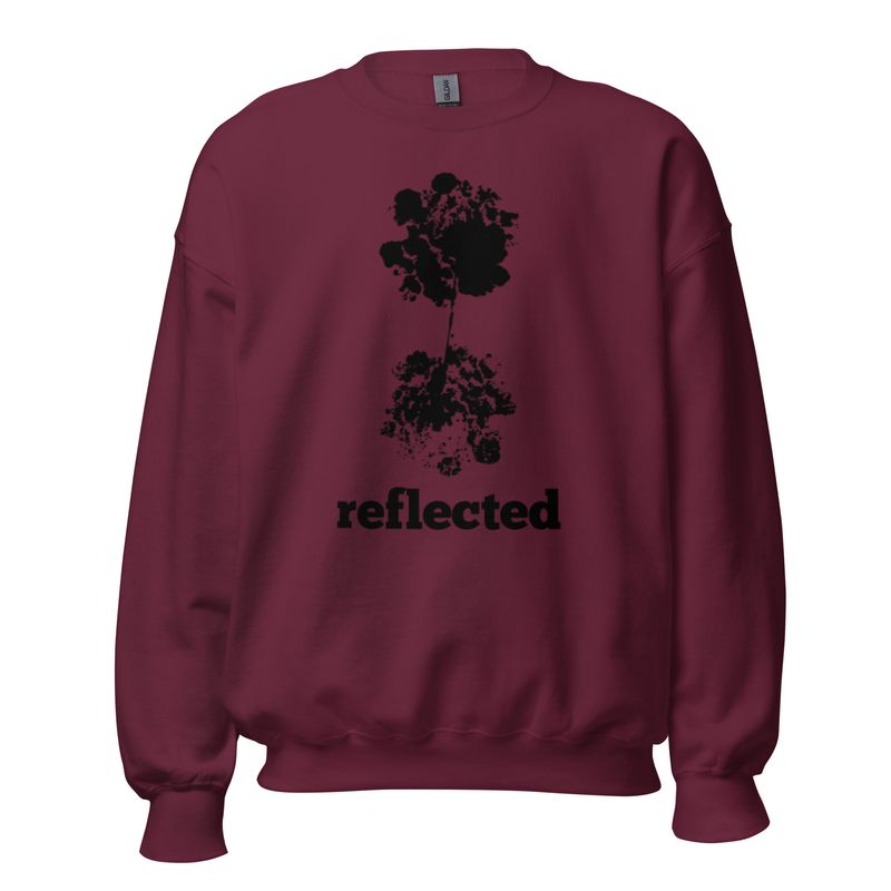 Nature reflection art sweatshirt – unisex design by Eunoia Lumina. Color - maroon, with black design print.