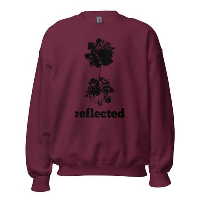 Reflected – Unisex Artist-Designed Sweatshirt Nature reflection art sweatshirt – unisex design by Eunoia Lumina. Color - maroon, with black design print.