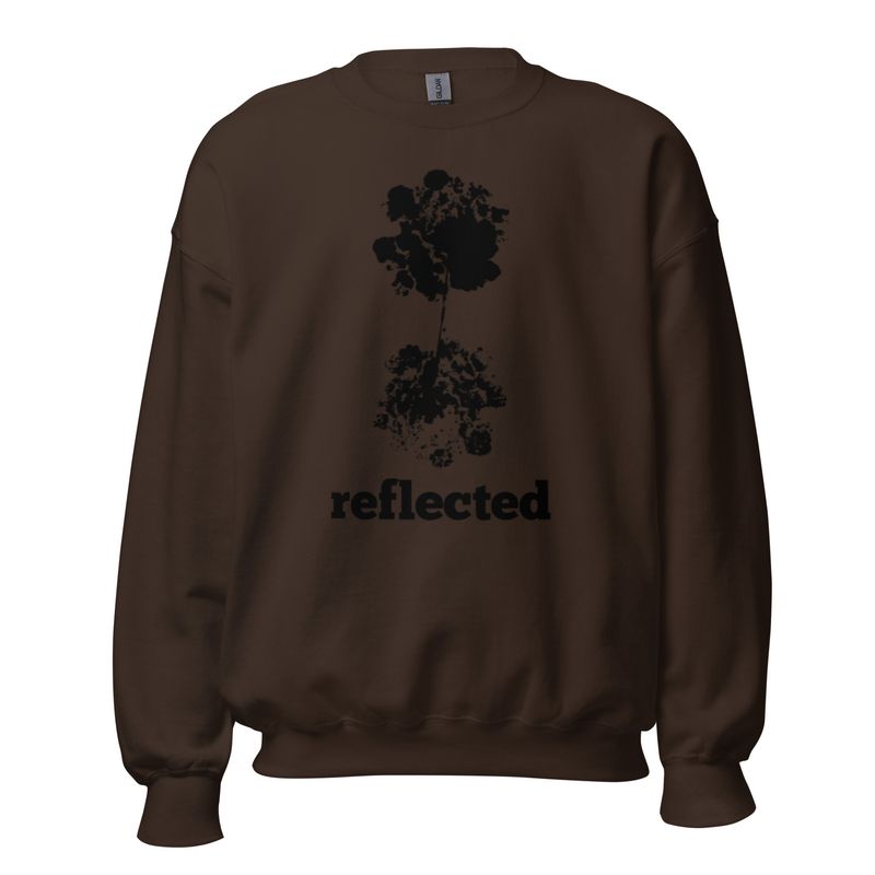 Nature reflection art sweatshirt – unisex design by Eunoia Lumina. Color - chocolate brown, with black design print.