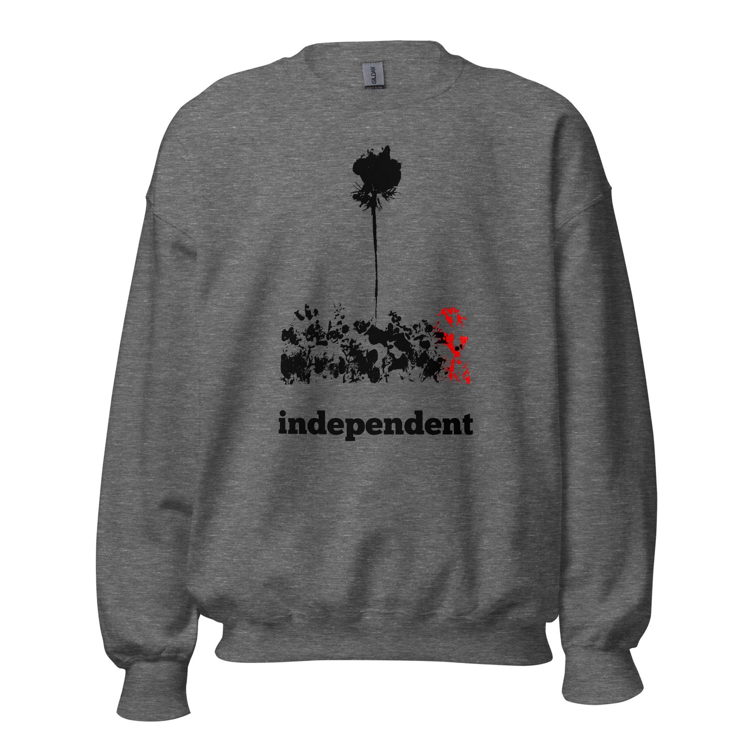 Independent unisex sweatshirt by Eunoia Lumina – minimalist art design. Color - grey with black and red design print. 
