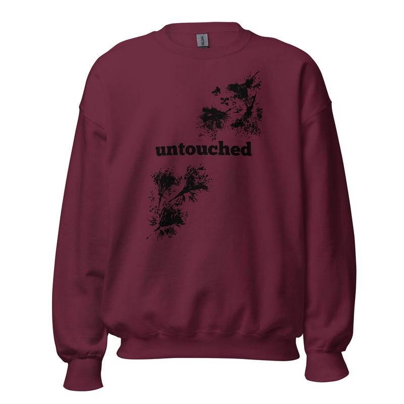 Front view of Untouched sweatshirt - flower impression artwork by Eunoia Lumina. Color - maroon, with black design print.