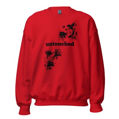 Untouched – Unisex Artist-Designed Sweatshirt Front view of Untouched sweatshirt - flower impression artwork by Eunoia Lumina. Color - red, with black design print.