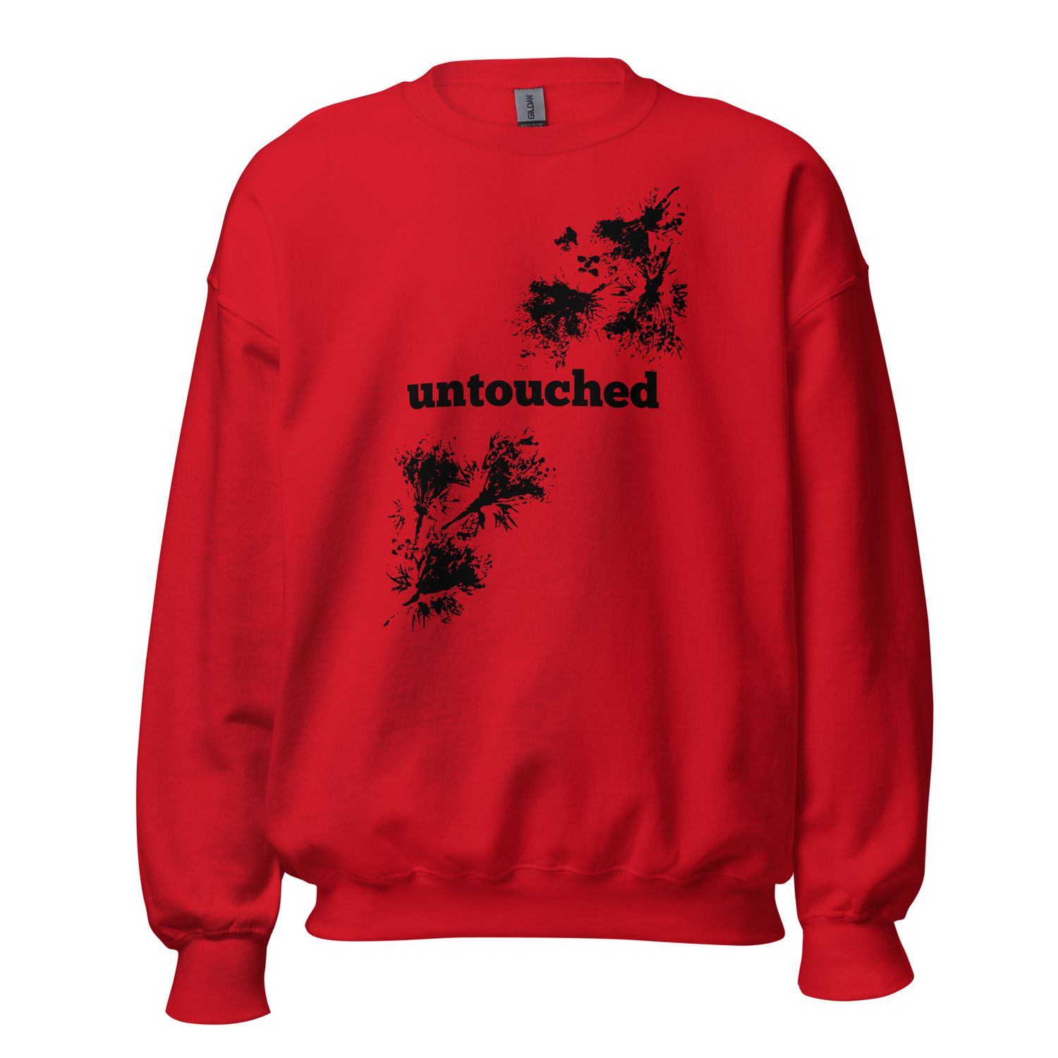 Front view of Untouched sweatshirt - flower impression artwork by Eunoia Lumina. Color - red, with black design print.