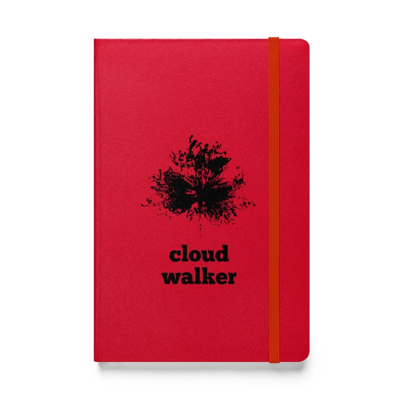 Cloud Walker - Artist designed Hard cover notebook front view. Red color with black design print.
