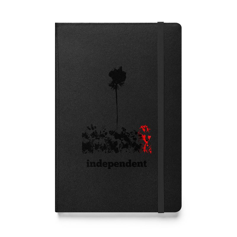 Independent - Artist designed Hard cover notebook front view. Black color with black and red design print.