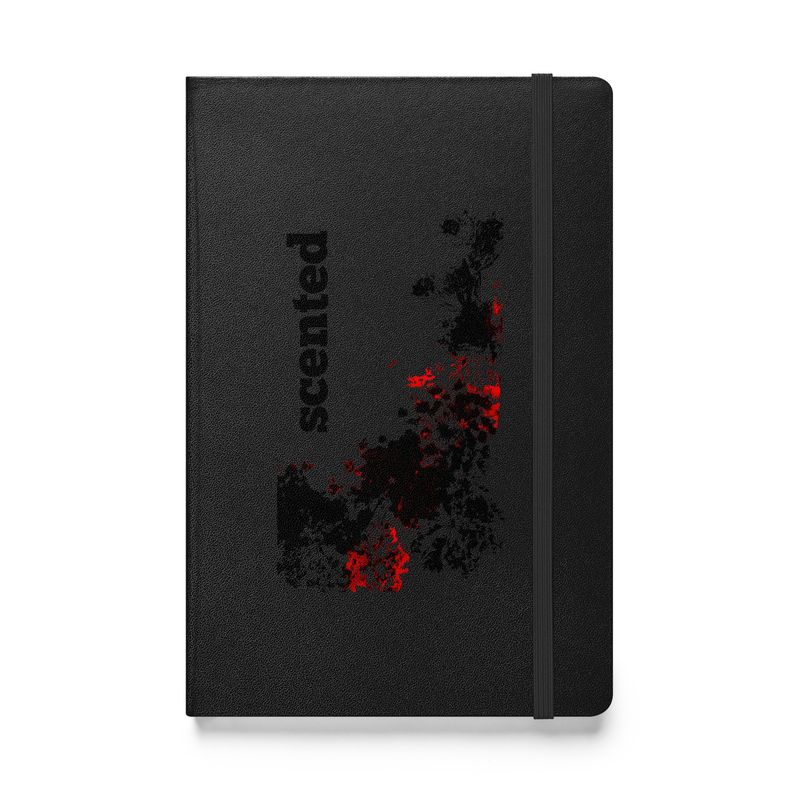 Scented - Artist designed Hard cover notebook front view. Black color with black and red design print.