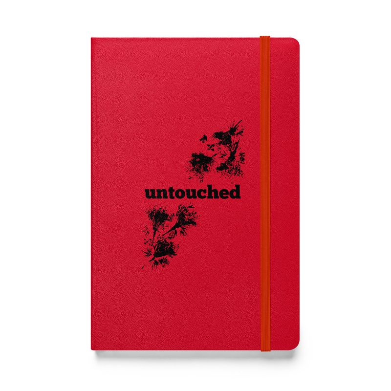 Untouched - Artist designed Hard cover notebook front view. Red color with black design print.