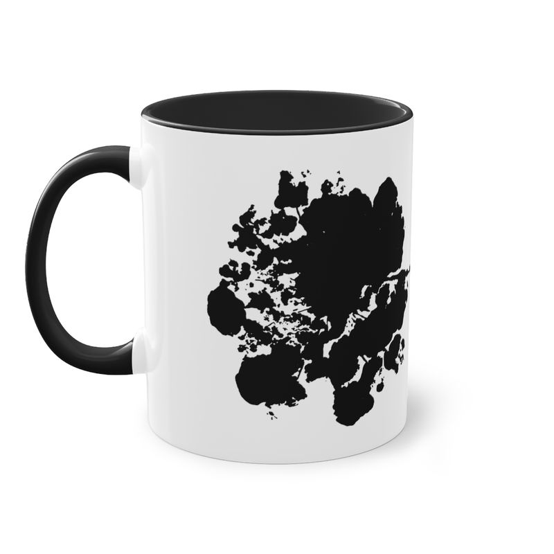 Reflected two-tone coffee mug by Eunoia Lumina – black and white abstract design. Left side.