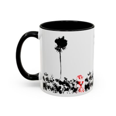 Independent two-tone ceramic mug by Eunoia Lumina – black and red floral art design / left side
