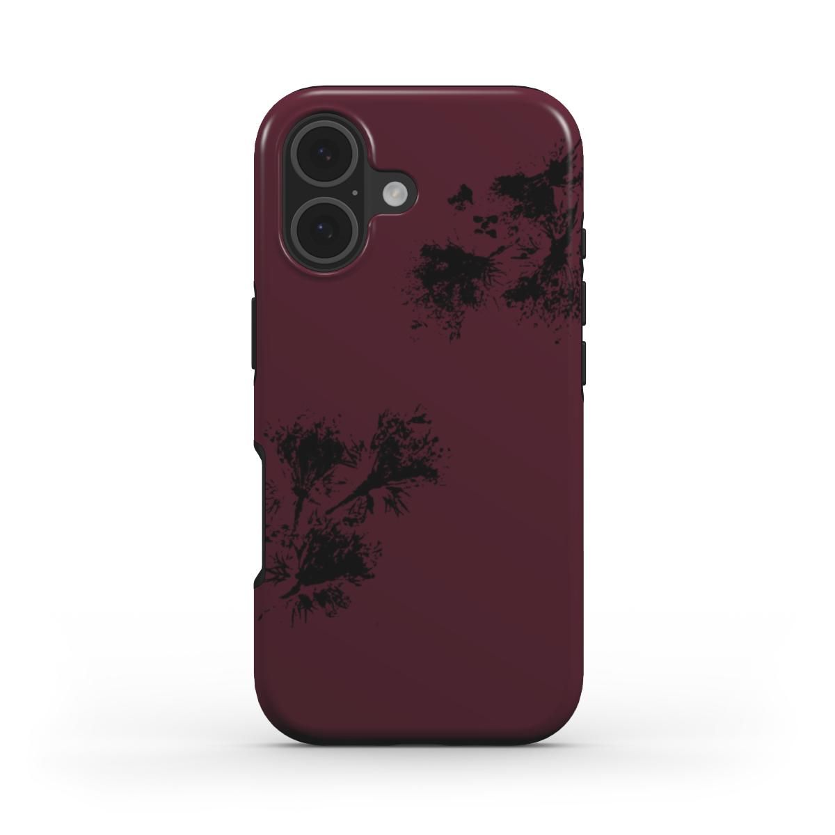 Untouched tough phone case by Eunoia Lumina - minimalist pressed-flower artwork. Color maroon with black design print. 