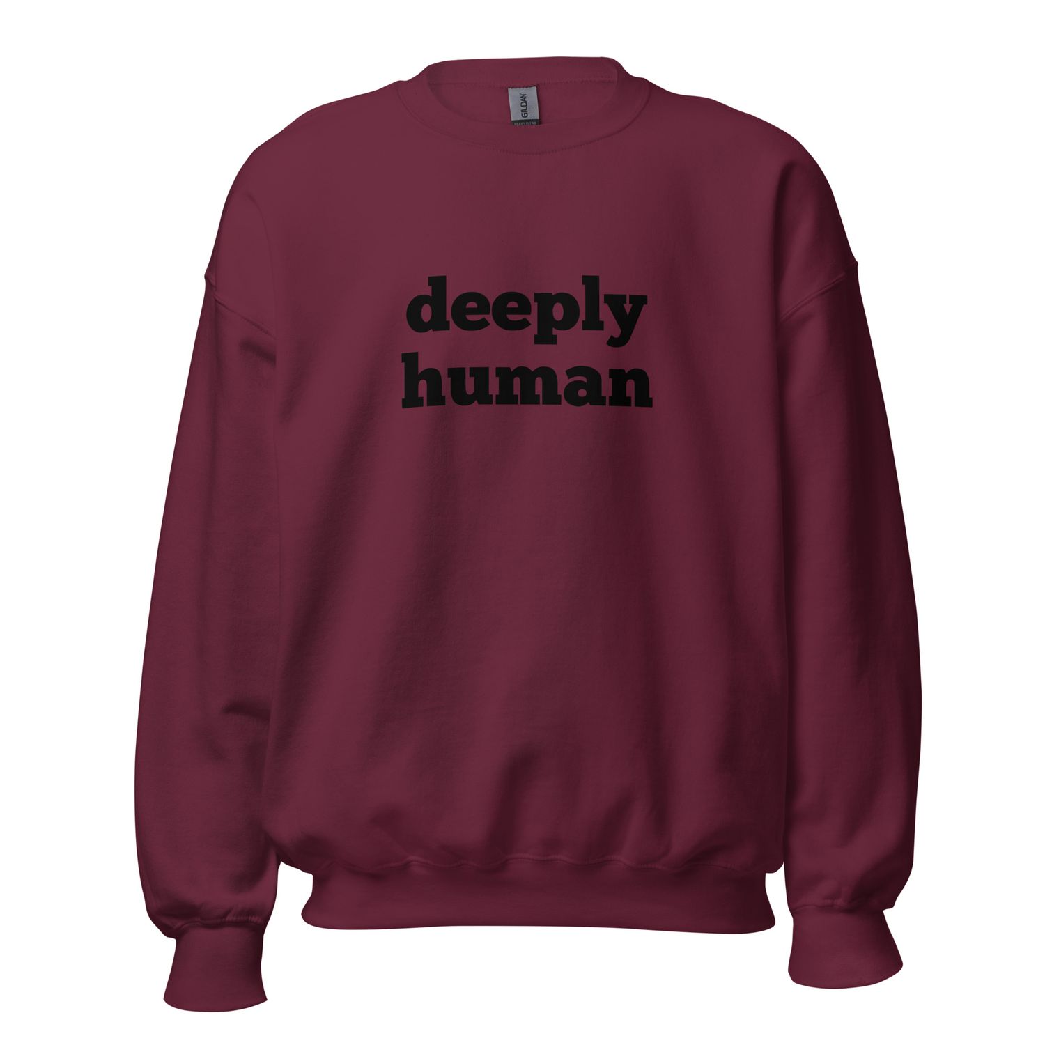 Deeply Human sweatshirt front view maroon unisex Eunoia Lumina