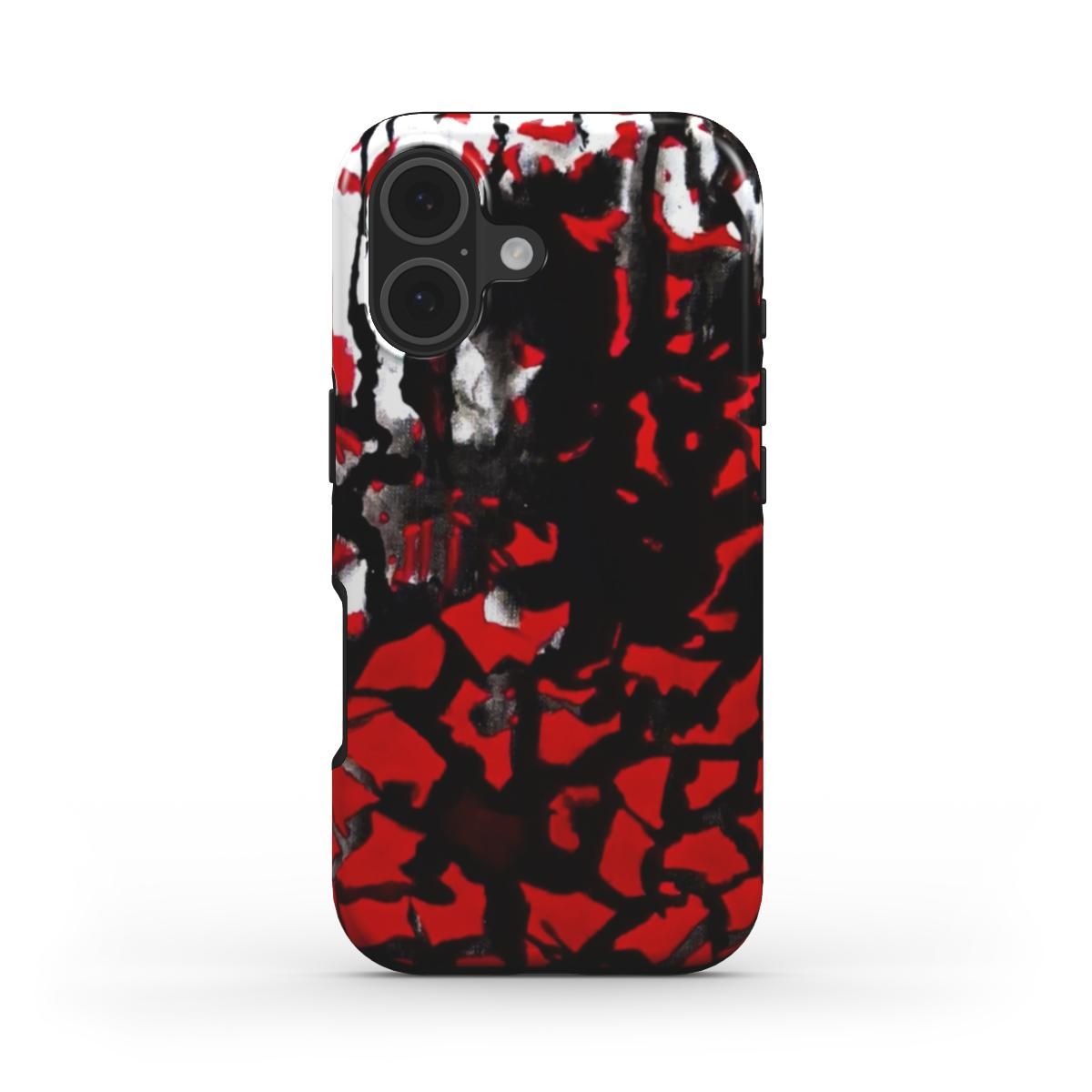 Surfaces Tough Phone Case by Eunoia Lumina – abstract layered diversity design in red, black and white tones, front view