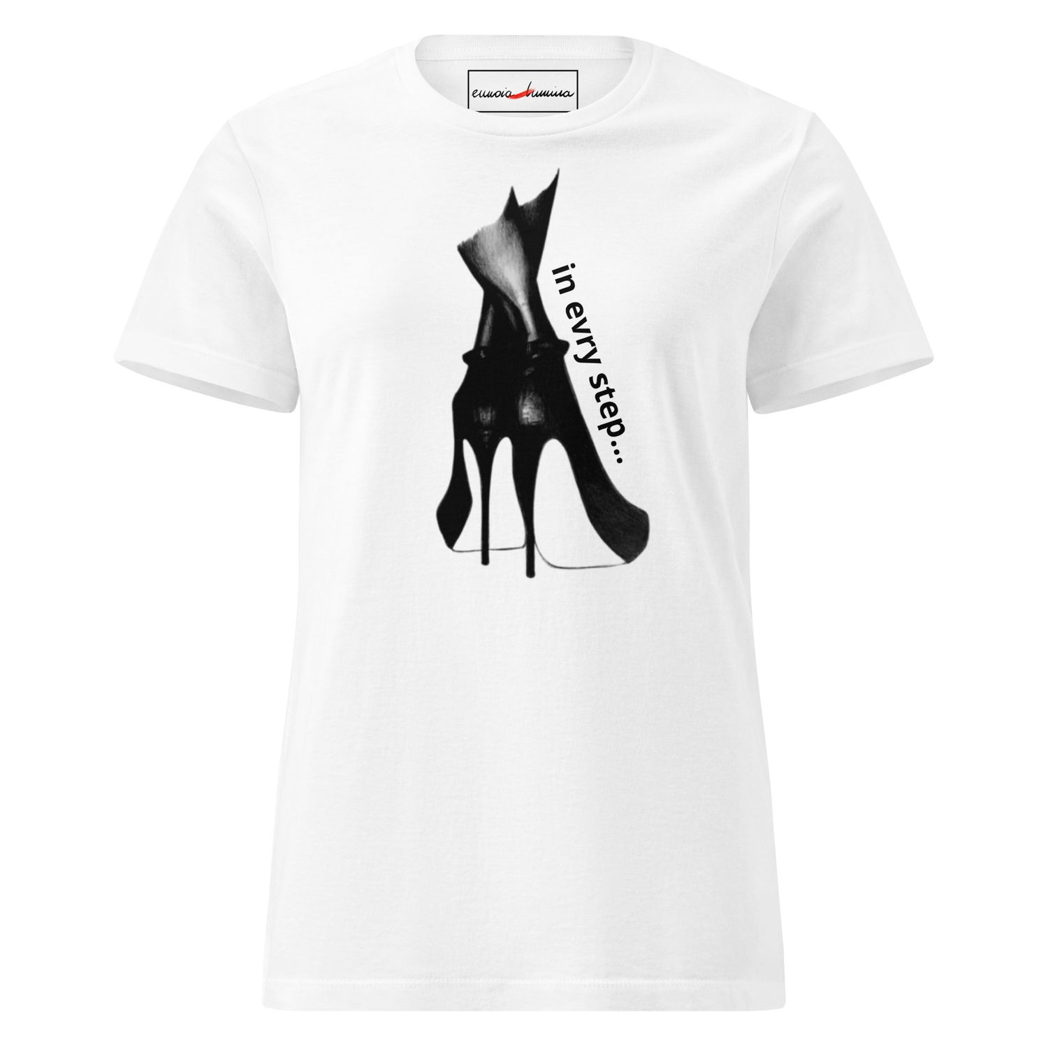 In every step -women’s artist t-shirt by Eunoia Lumina. White t-shirt with pencil drawing print. Front view.