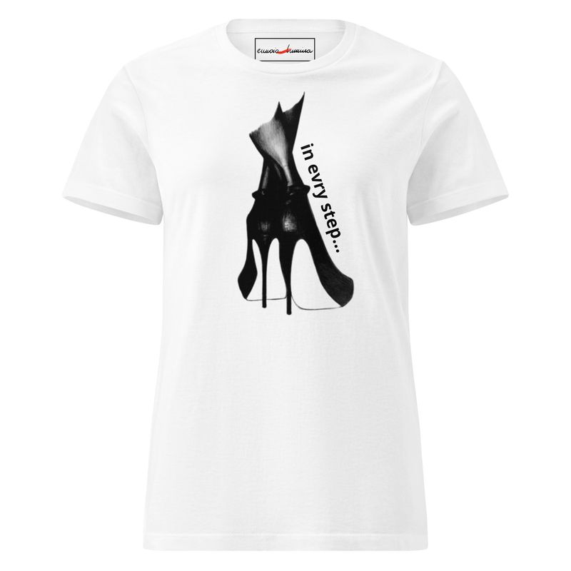 In every step -women’s artist t-shirt by Eunoia Lumina. White t-shirt with pencil drawing print. Front view.
