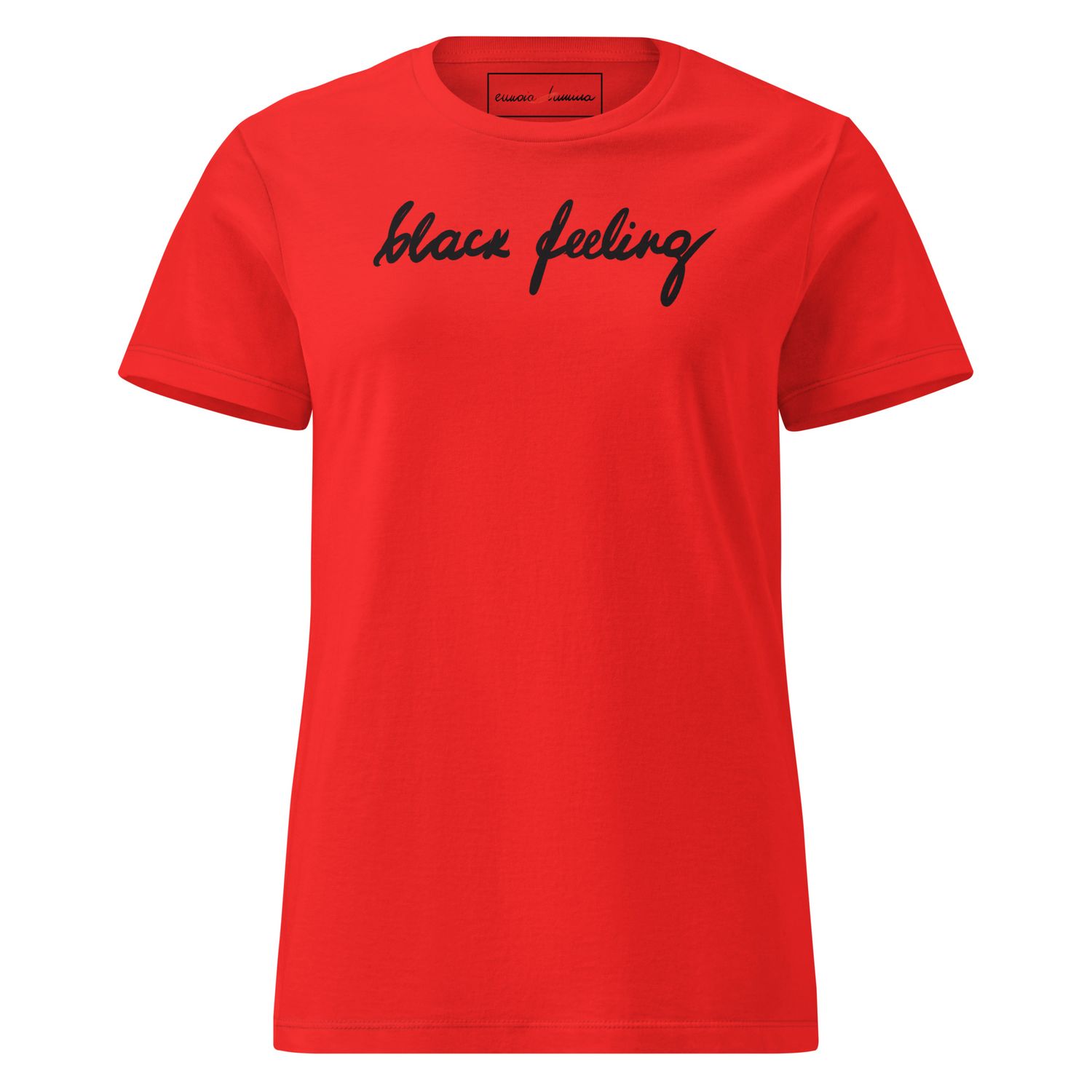 Black feeling -women’s artist t-shirt by Eunoia Lumina. Red t-shirt with handwritten "black feeling" design. Front view.