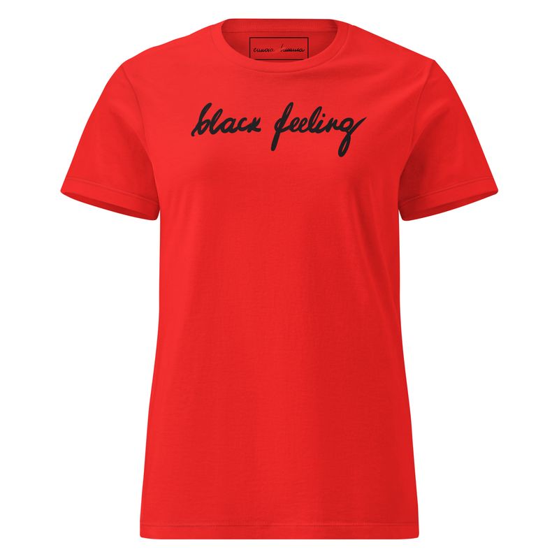 Black feeling -women’s artist t-shirt by Eunoia Lumina. Red t-shirt with handwritten "black feeling" design. Front view.