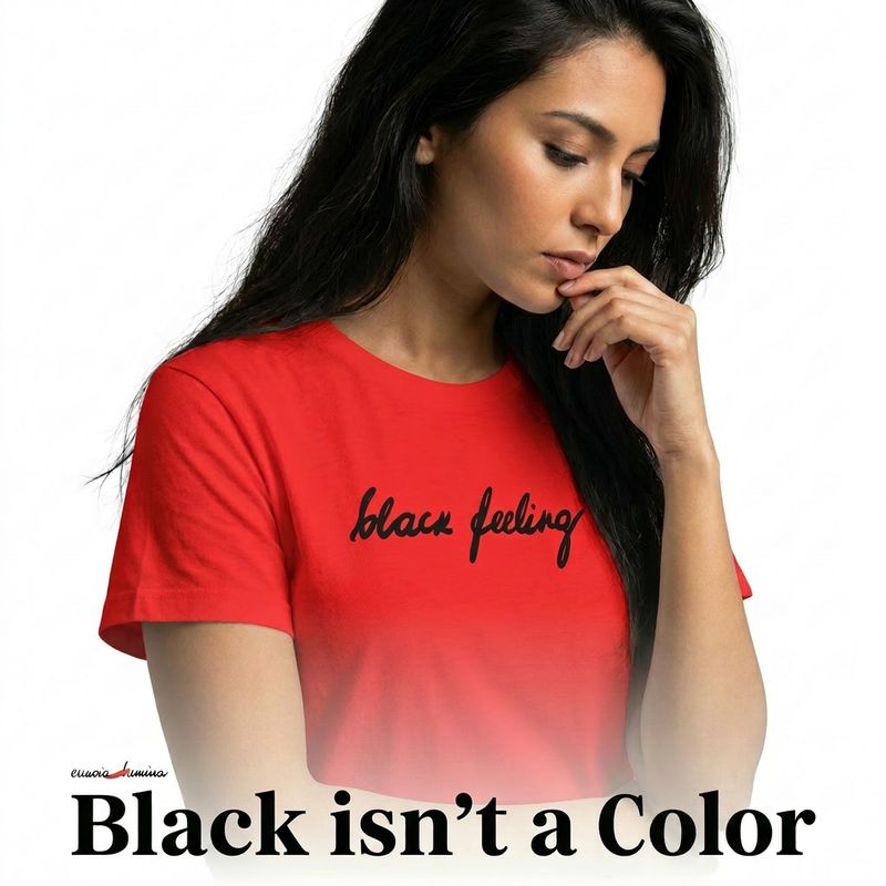 Black feeling -women’s artist t-shirt by Eunoia Lumina. Red t-shirt with handwritten "black feeling" design. Front view.