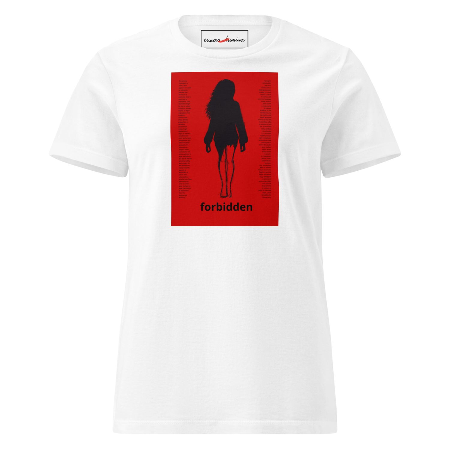 Forbidden -women’s artist t-shirt by Eunoia Lumina. White t-shirt with digital drawing print. Front view.