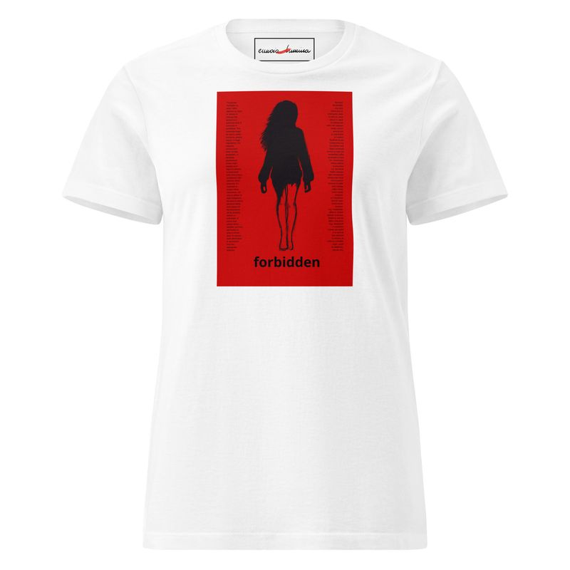 Forbidden -women’s artist t-shirt by Eunoia Lumina. White t-shirt with digital drawing print. Front view.