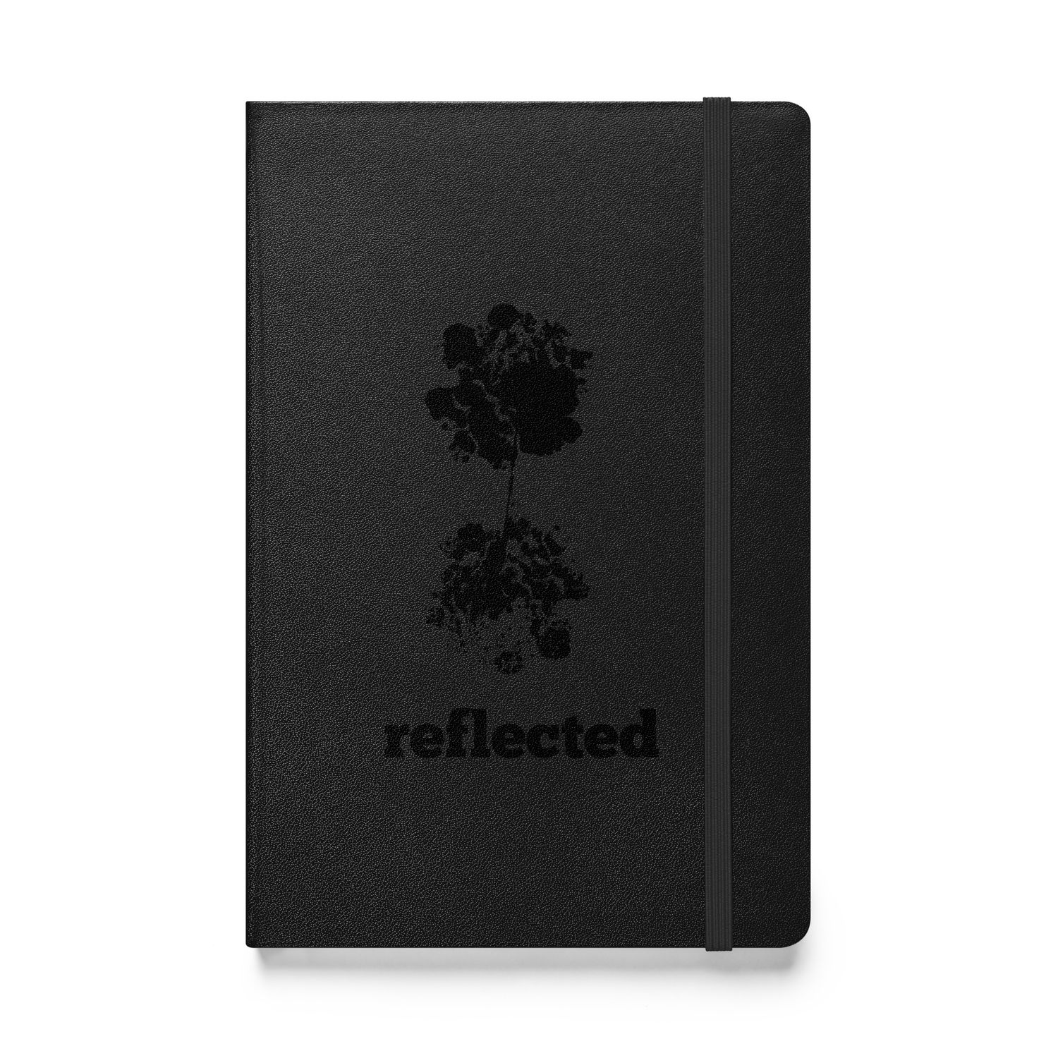 Reflected - Artist designed Hard cover notebook front view. Black color with black design print.