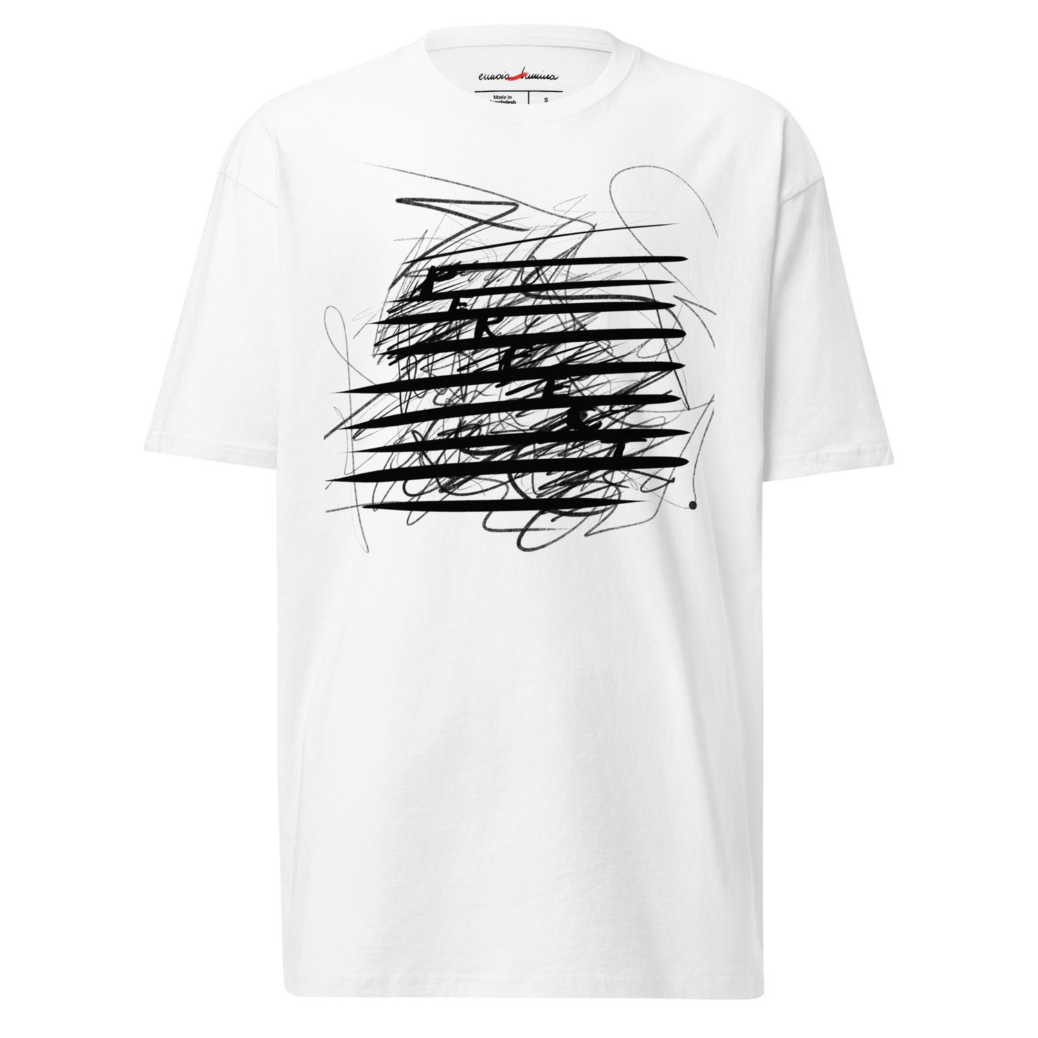 Front view of the 'Between the Lines' premium white t-shirt.  A high-contrast black graphic of the word "Perfect"