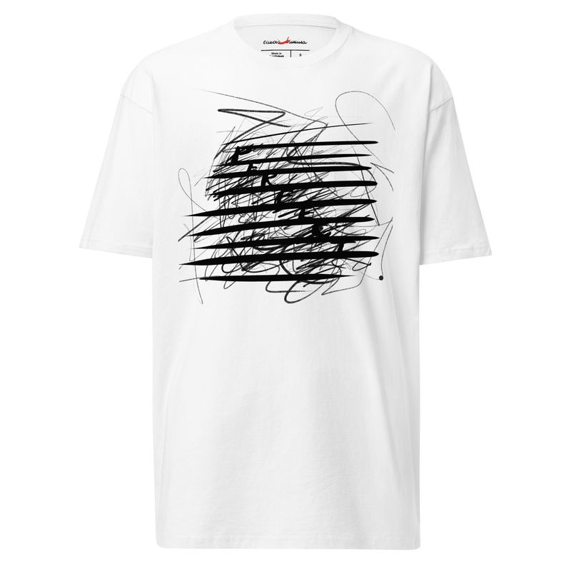 Front view of the 'Between the Lines' premium white t-shirt.  A high-contrast black graphic of the word "Perfect"