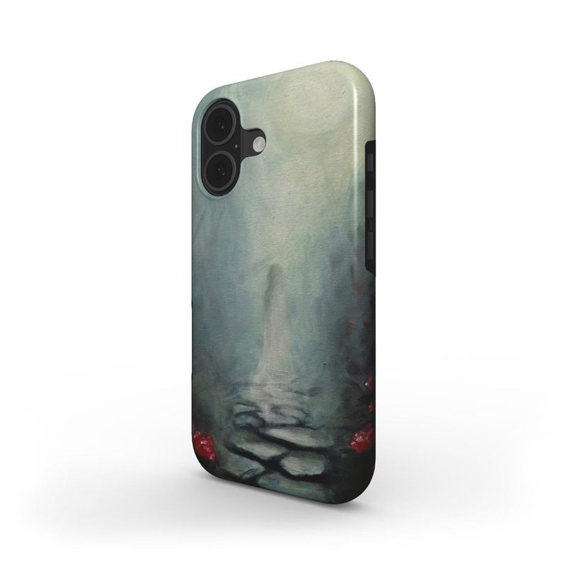 Texture of oil-on-canvas "Hidden Worlds" print on a protective smartphone cover. Angled view. 