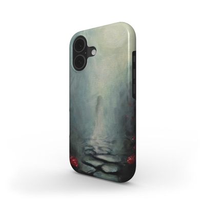 Texture of oil-on-canvas "Hidden Worlds" print on a protective smartphone cover. Angled view. 