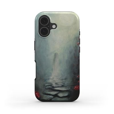 Texture of oil-on-canvas "Hidden Worlds" print on a protective smartphone cover. 