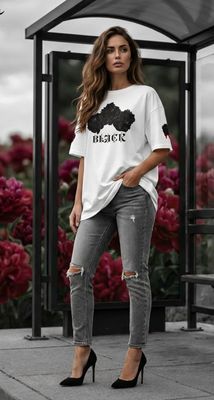 Model wearing BLACK Peony Graphic T-Shirt featuring black peonies design and text "BLACK" in gothic font