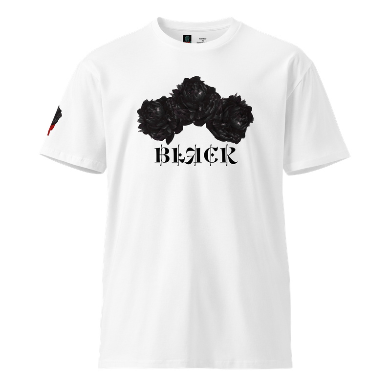 BLACK Peony Graphic White T-Shirt featuring black peonies design and text "BLACK" in gothic font, front view