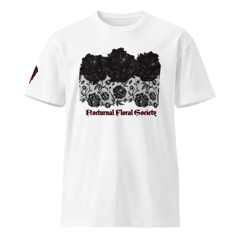 Product image a white t-shirt featuring a dark lace and peony floral design with the text "Nocturnal Floral Society" in black