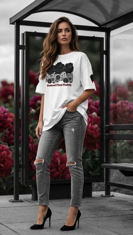 Model wearing a white t-shirt featuring a dark lace and peony floral design with the text "Nocturnal Floral Society"
