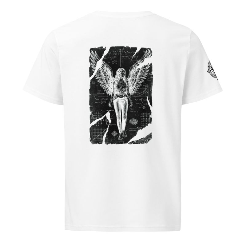 Back view of wearing white organic unisex t-shirt featuring Anatomia Divina design in invert b&amp;w colors
